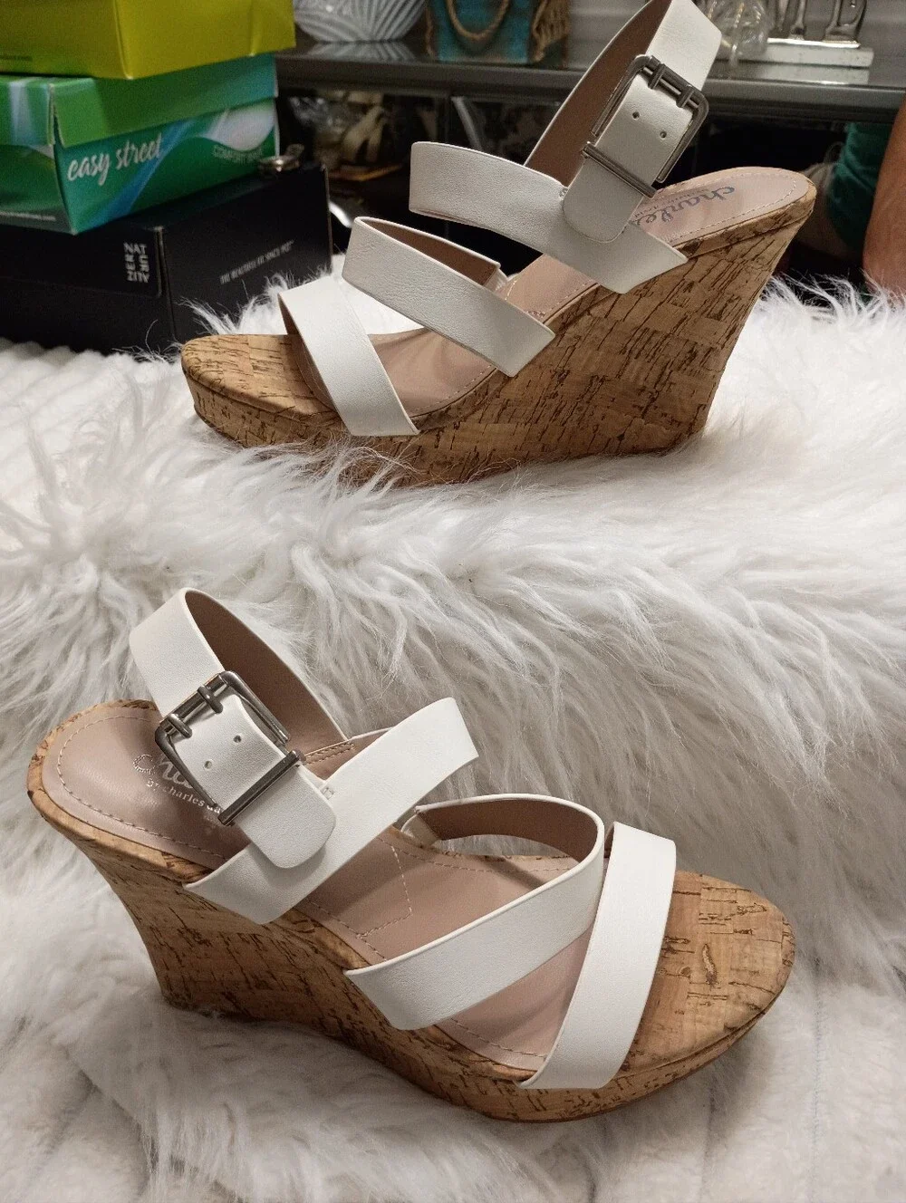 Charles By Charles Stanley Liber White Cork Wedge Sandals with Buckle Strap 7M